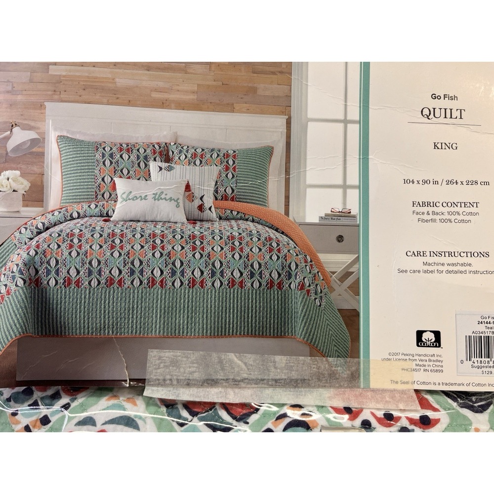 Vera Bradley Go Fish King Quilt 104x90 Cotton Comforter Blanket, Pillow, Shams